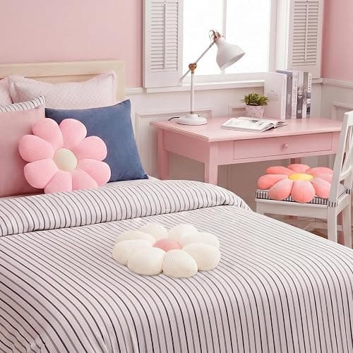 2 Pcs Preppy Flower Decorative Throw Pillows Set for Bed Couch Sofa, 15.35" Cute Pink White Flower Daisy Shaped Pillow for Aesthetic Preppy Bedroom Room Dorm Classroom Decor (White+Pink, 15.35 Inch) thumbnail 4