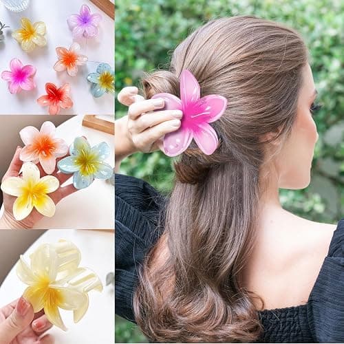6Pcs Hawaiian Flower Hair Clip，Strong hair clips，Plumeria claw clips，Hibiscus hair accessories，Flower Hair Clips，Clips for Wedding Party Beach Decoration Headwear（multicolor） thumbnail 4