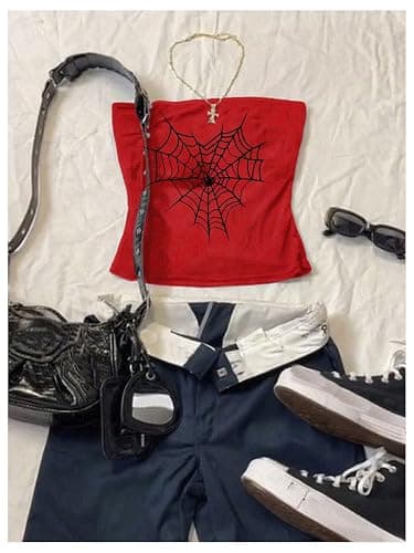 WDIRARA Women's Spiderweb Tube Top Y2k Strapless Graphic Crop Bandeau Tops thumbnail 4