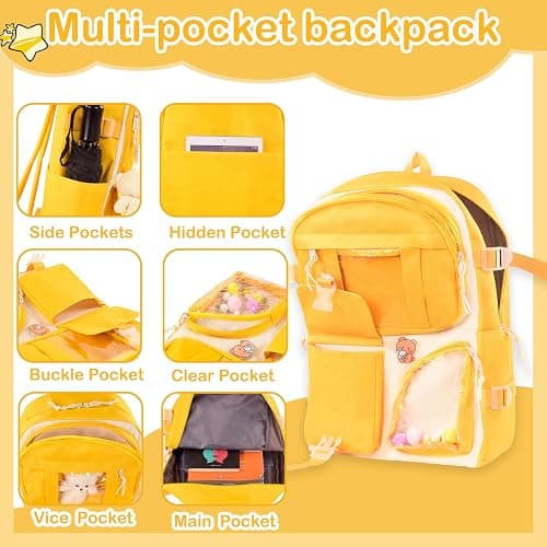 Lifelix Kawaii Backpack for Girls 5 Pcs School Bookbag Cuet Kids Schoolbag with Accessories Crossbody Bags Pencil Case Handbag Coin Purse (Yellow) thumbnail 5