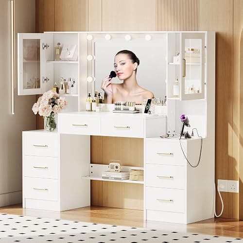 TOKSOM 58.3”Vanity Desk with Mirror and Lights & Charging Station, Bedroom Dressing Table, Large Vanity Set, 8 Drawers and 2 Cabinets, Makeup Vanity Table with Charging Station, Without Stool thumbnail 6