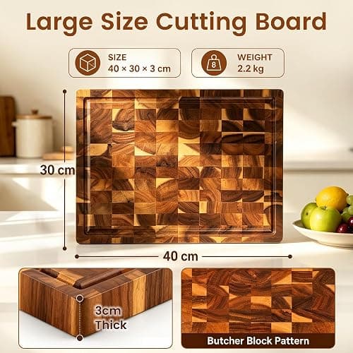 Bierofaro Large Solid Wood Chopping Board, 42 x 33 x 3 cm, Butcher Block | Thick end grain design， juice groove and side handles, designed for chopping, carving meat and serving charcuterie. thumbnail 2