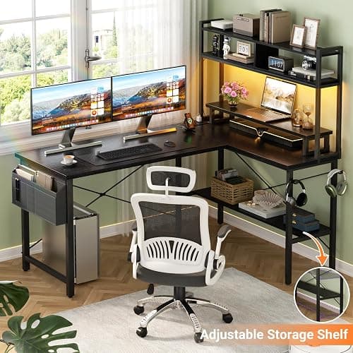 Aheaplus L Shaped Gaming Desk with Power Outlets & LED Lights, Small L- Shaped Desk Computer Corner Desk with Monitor Stand & Storage Shelf, Home Office Desk Writing Desk with Storage Bag, Black thumbnail 5