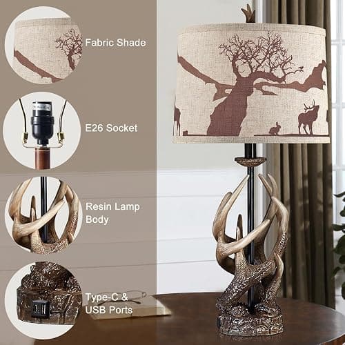 HUITICO Rustic Deer Antler Table Lamp for Living Room End Tables Farmhouse Cabin Lamps with USB A + C Charging Ports 28" Tall Western Country Bedroom Lamps for Nightstand, Single, Bulb Not Included thumbnail 7