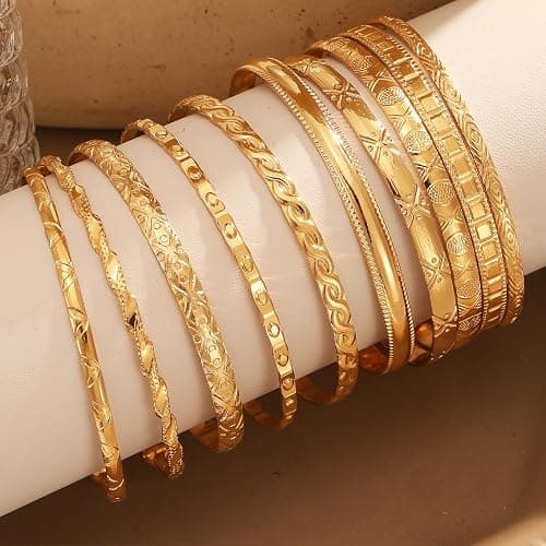 IFKM Gold Bangles Bracelets For Women, 14k Gold Plated Multi Layer Stackable Open Bracelet Set, Elegance Trendy Charms Non Tarnish Minimalist Textured Boho Jewelry Gift for Women thumbnail 5