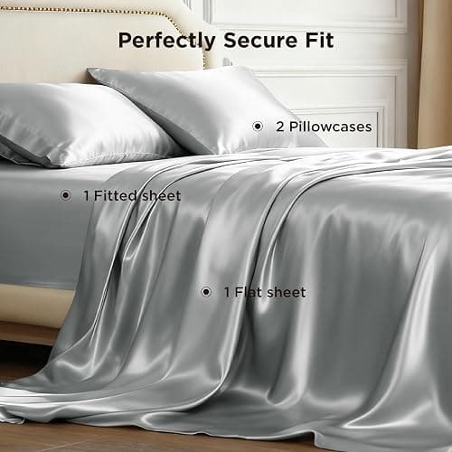 Bedsure Satin Sheets Queen Size - 4 Piece Silky Bedsheets with 15 Inches Deep Pocket Fitted Bedsheet,1 Flat Sheet, 2 Satin Pillowcases, Good for Hair & Skin (Queen, Silver Grey) thumbnail 8