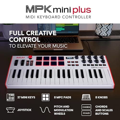 Akai Professional MPK Mini Plus - USB MIDI Keyboard Controller with 37 Mini Keys, 8 MPC Pads, Sequencer, MIDI/CV/Gate I/O and Native Instruments Sound Package, White Limited Edition thumbnail 2