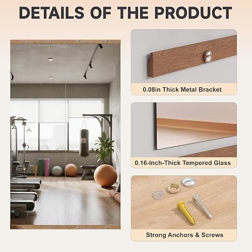 Hasipu 3Pcs 48''x24'' Home Gym Mirror Large Full Length Wall Mounted Full Body Mirror for Yoga Dance Fitness Exercise Studio Bedroom Garage, Frameless Tempered Glass Workout Mirrors Walnut Rectangular thumbnail 5