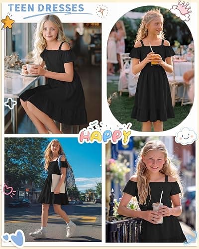 Xaatren Girls Summer Dresses 5-14Y | Party Birthday Princess Formal Dress, Cute Cold Shoulder Ruffle Hem Sundress, Dresses for Teens, Soft Trendy Vacation Clothes thumbnail 2