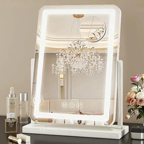 Suidia Vanity Mirror with Lights, 18"×14" LED Makeup Mirror with Light, Smart Touch with 3-Color Lighting, 360°Ratation for Vanity Desk Tabletop,White,Lamp Belt Style - Image 1