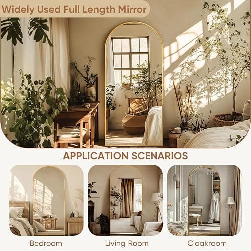 Homsion Full Length Mirror with Stand, 64"x21" Arched Mirror Large Standing Mirrors, Tall Mirrors Body Floor Mirror for Bedroom Living Room Aluminum Frame, Gold thumbnail 6