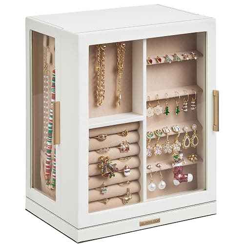 Glimmloop 360° Rotating Jewelry Box with 5 Drawers, Spacious Vertical Jewelry Organizer with Glass Window, Jewelry Storage Case, Dustproof & Moisture-resistant Design, White thumbnail 8