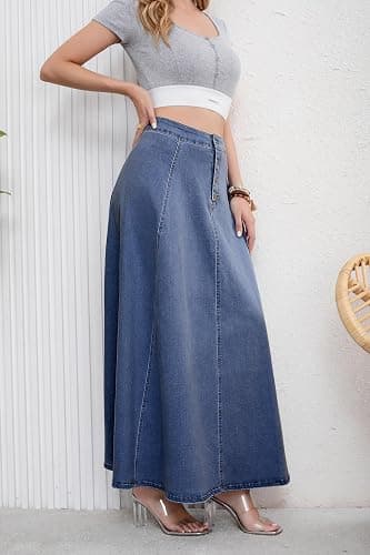 ebossy Women's Retro High Waisted Button Fly Flared Long Jean Skirts Pleated Flowy Swing A-line Denim Maxi Skirts thumbnail 7