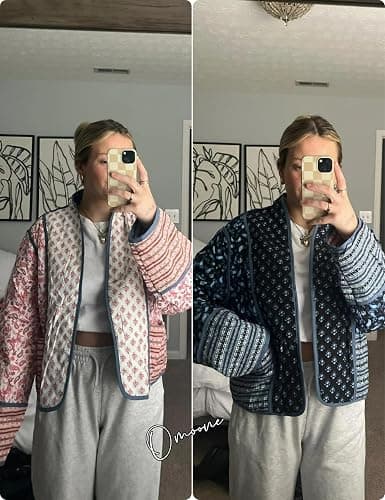 Omoone Women's Cropped Floral Reversible Quilted Jacket Cardigan Printed Lightweight Open Front Padded Puffer Coat thumbnail 6