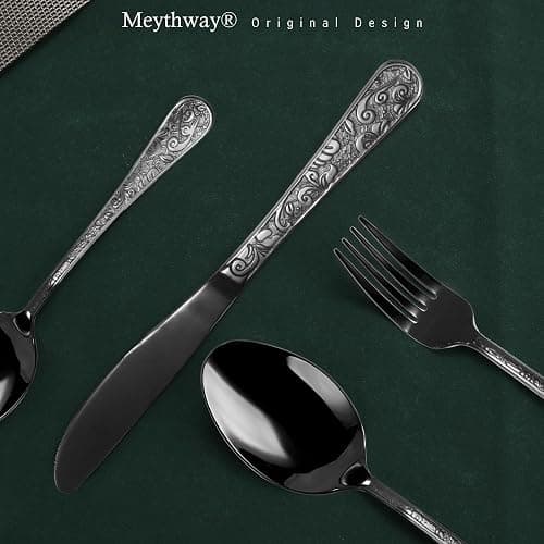 Meythway 40-Piece Vintage Carved Black Silverware Set for 8, Stainless Steel Flatware Set with Knife/Fork/Spoon, Cutlery Set for Home and Kitchen, Utensil Set with Dishwasher Safe thumbnail 5