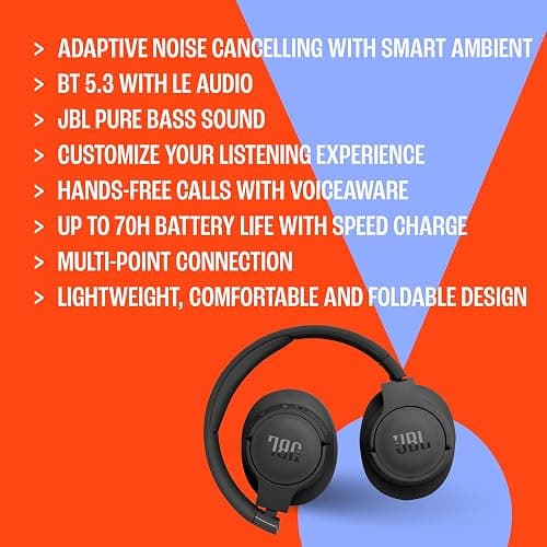 JBL Tune 770NC - Adaptive Noise Cancelling with Smart Ambient Wireless Over-Ear Headphones, Bluetooth 5.3, Up to 70H Battery Life with Speed Charge, Lightweight, Comfortable & Foldable Design (Black) thumbnail 7