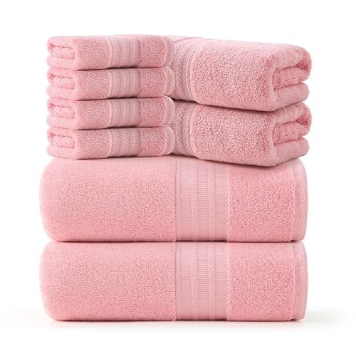 REDKISS Pink Towel Set of 8-100% Cotton Luxury Bath Towels Set for Bathroom, 600 GSM Highly Absorbent Bathroom Towel with 2 Large Bath Sheet, 2 Hand, 4 Washcloths, Pink Shower Towels for Dorm thumbnail 9
