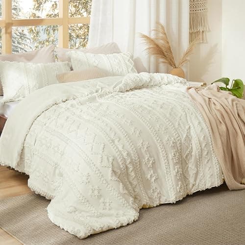 Bedsure Tufted Boho Comforter Set Queen Size - White Boho Bed Set, GentleSoft™ 3 Pieces Farmhouse-Style Embroidery Bedding, Gifts for Woman, Soft Jacquard Kids' Queen Comforter for All Seasons thumbnail 2