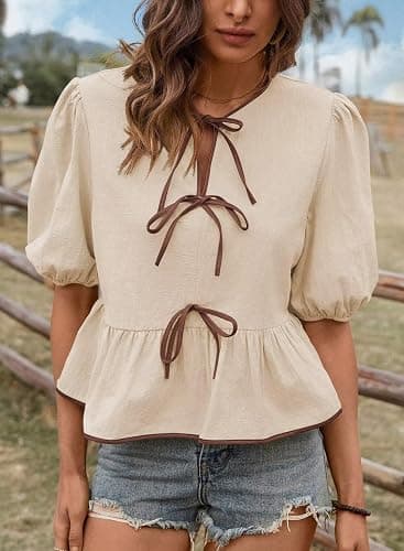 Falechay Womens Summer Tops Bowknot Puff Short Sleeve Blouses Dressy Casual Cute Babydoll Flowy Peplum Shirt for Women thumbnail 5