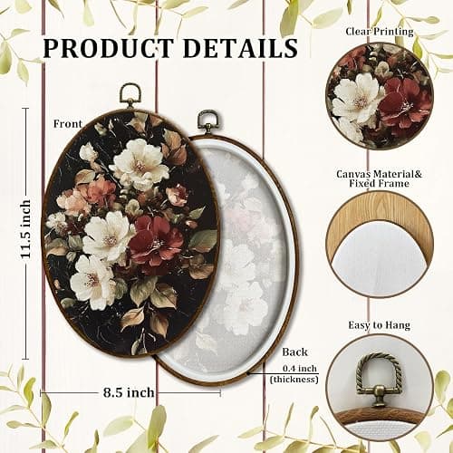 JQF Vintage Floral Oval Wall Decor, Cottagecore Moody Flower Oval Canvas Wall Art, Farmhouse Retro Floral Framed Prints Hanging Decor for Home Bedroom Living Room, 8.5x11.5 Inch thumbnail 7