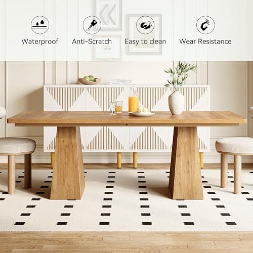LITTLE TREE Dining Table for 6 People, Wooden Dining Table, Rectangle Table with Heavy Duty Legs, Modern Dining Table for Kitchen, Dining Room, Light Brown thumbnail 7