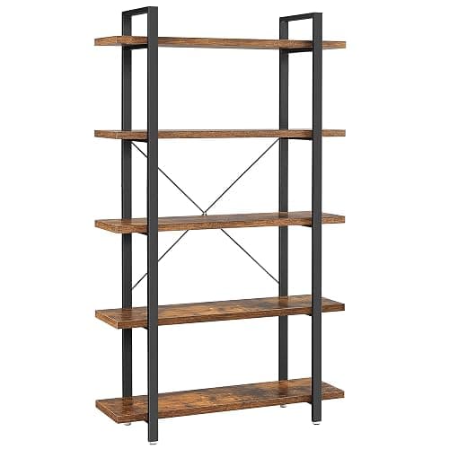 VASAGLE Bookshelf, 5-Tier Industrial Stable Bookcase, Storage Rack, Standing Shelf, Easy Assembly, Living Room, Bedroom, Office, Rustic Brown and Black LLS55BX - Image 1