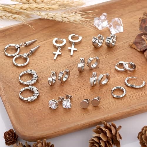 Men Earrings, Funtopia 11 Pairs Stainless Steel Small Hoop Earrings Cross Dangle Earrings Set, Fashion Huggie Earrings Piercing Jewelry for Party Birthday thumbnail 2