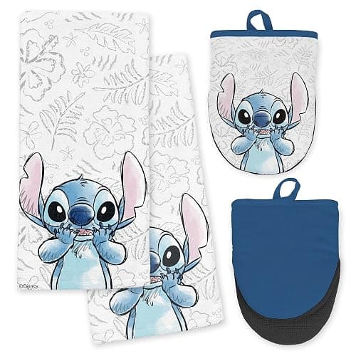 Disney Kitchen Towels & Oven Mitts Set – 4 Piece Bundle with 2 Cotton Dish Towels/Hand Towels & 2 Heat Resistant Mini Oven Mitts (Pot Holders) – Mickey, Stitch & Pooh (Stitch) - Image 1