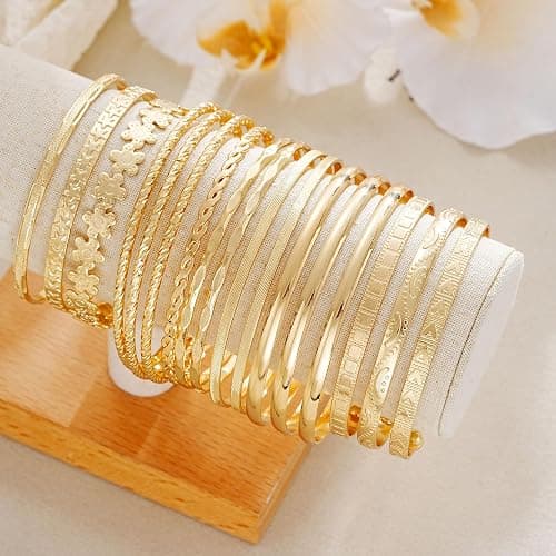 FAXHION Gold Bangle Bracelets for Women, 14 Pcs Multi Layer Stackable Bangle Set, 14K Gold Plated Textured Chunky Bracelets Boho Jewelrys Set thumbnail 7