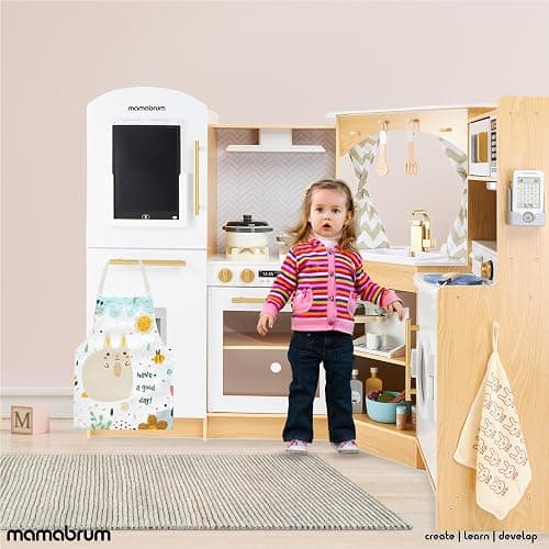 Mamabrum Cuisine en Bois pour Enfants 3+, Cuisinière à Jouets Interactive XXXL avec Éclairage LED, Cafetière et Accessoires - Pots, Ensemble Légumes et Fruits - Jusqu'à 50 Pièces thumbnail 4