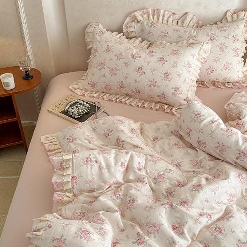 VM VOUGEMARKET Pink Rose Flower Duvet Cover Set Queen Romantic Lace Ruffled Bedding Set Soft Muslin Cotton,Breathable Linen Like Gauze Comforter Cover with Zipper Closure 90"x90" thumbnail 4