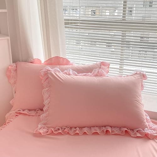 MOOWOO Chic Ruffle Lace Polyester Duvet Cover Set -Girl Pink Bedding-2 Piece Twin Duvet Cover with Zipper Closure -Ultra Soft and Light Weight (Pink, Twin)-NO Including Comforter thumbnail 3