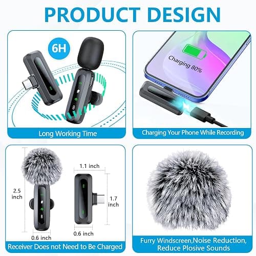 2 Pack Wireless Microphone for iPhone iPad, Phone Lapel Clip Mini Mic Vlog | Wireless Lavalier Microphone with Noise Reduction, Plug-Play Wireless Mic for Video Recording, Interview, YouTube, TikTok thumbnail 5
