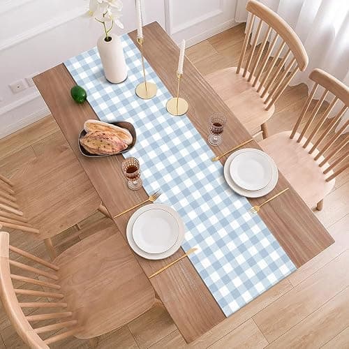 Buxiuer Dusty Blue Gingham Table Runner Light Blue Checkered Boy Girl Baby Shower Birthday Party Decoration Home Dining Kitchen Island Decor (13" x 72") thumbnail 4