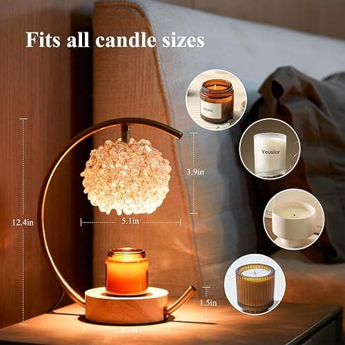 Yeuslor Gold Candle Warmer Lamp for Jar Candles with Adjustable Brightness＆Timer，Handcrafted Crystal＆Wooden Base, Luxurious Design,Home Decoration Electric Candle lamp(C-Shaped) - Gold thumbnail 3