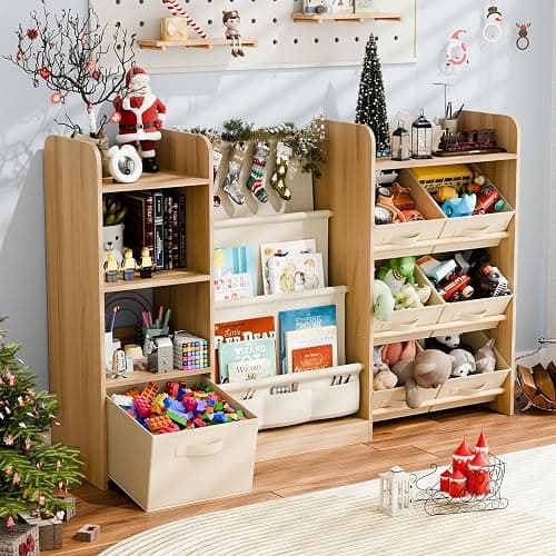 Kids Bookshelf and Toy Storage with 7 Removable Bins, 51 inch, Burlywood | Baby Bookshelf and Toy Organizer, Kids Bookcase, Large Toy Storage with 4-Tier Book Shelf for Kid Room, Playroom, Classroom - Image 1