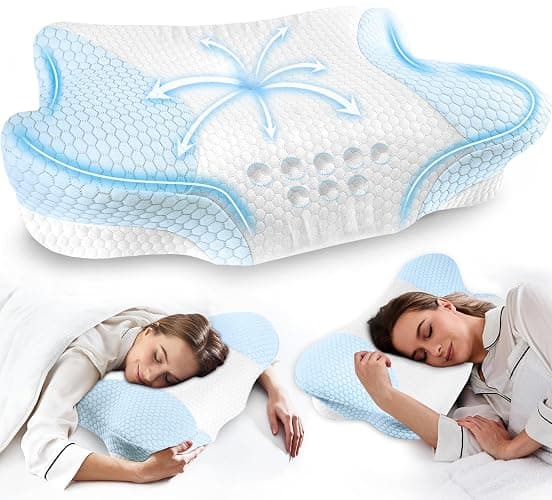 Memory Foam Cervical Neck Pillows - Side Sleeper Pillow for Pain Relief Contour Memory Foam Pillows Ergonomic Neck Support - Blue - Image 1
