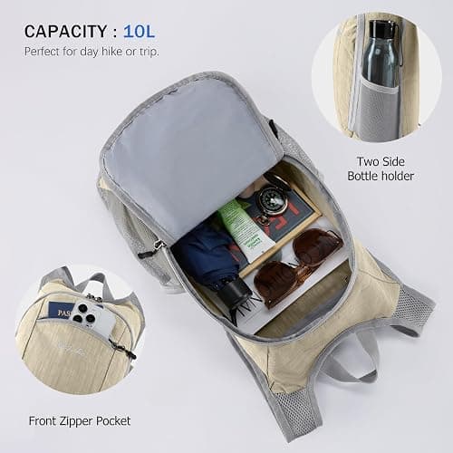 Uselike 10L Small Hiking Backpack Travel Daypack Lightweight Packable Back Pack for Women Men(Beige) thumbnail 6