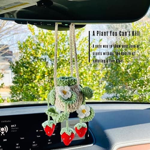 Cute Crochet Plant for Car Rear View Mirror,Boho Handmade Car Mirror Hanging Accessories for Women Girls,Green Interior Aesthetic Decor Truck Hanger Ornament Charm for Men (Red Strawberry Plant) thumbnail 2