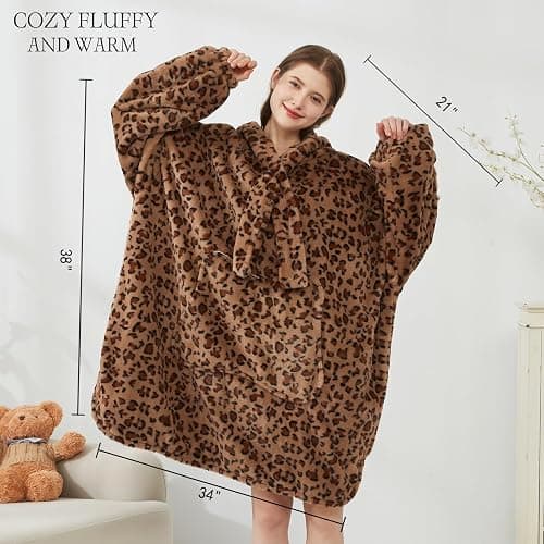 Softan Blanket Hoodie, Oversized Wearable Blanket for Adult Women and Men Gifts, Super Cozy Warm and Soft Hooded Blanket Sweatshirt, Brown Cheetah Print Faux Fur Blanket Sweatshirt with Large Pocket thumbnail 3