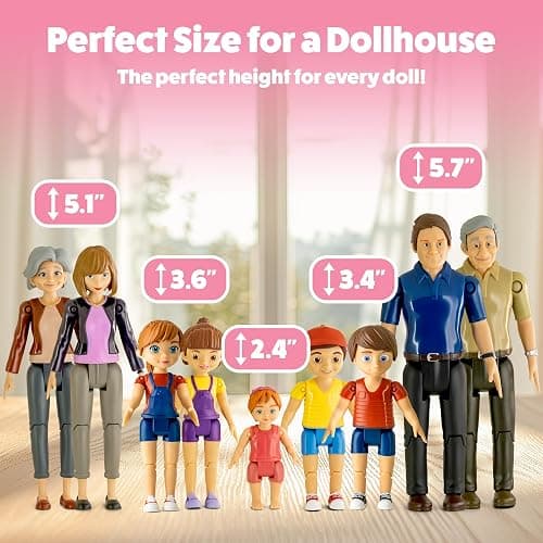 Dollhouse People, Bendable Dollhouse Family Set – 9 Poseable Figures Including Grandpa, Grandma, Mom, Dad, Sister, Brother, Cousins, and a Baby Girl – Perfect for Dollhouse Play and Imaginative Fun thumbnail 3