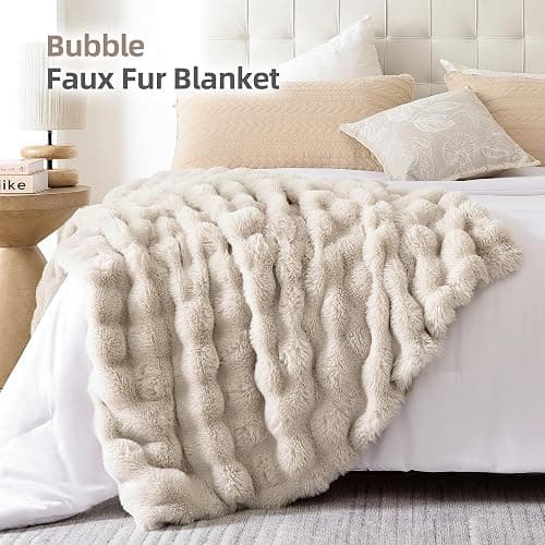 Smoofy Faux Fur Throw Blanket for Couch Rabbit Fleece - Linen Fluffy Blanket for Sofa Bedroom Living Room, Cozy Soft Plush Luxury Thick Winter Fuzzy Comfy Bubble Blanket - 50" x 60" thumbnail 3