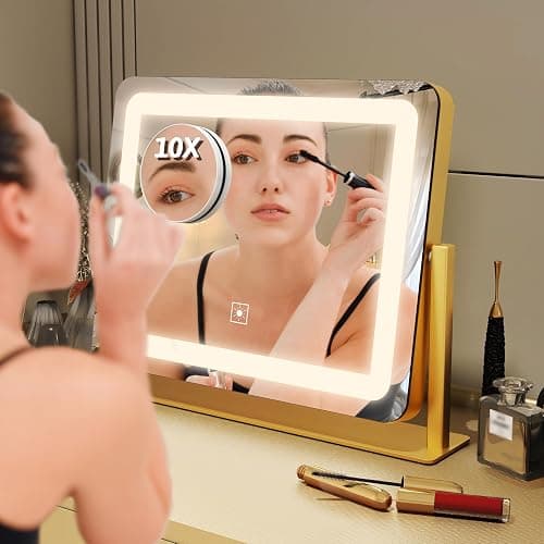 FENNIO Vanity Mirror with Lights, 12" x 16" Lighted Makeup Mirror with Smart Touch Control, 3 Color Modes & Brightness Adjustable, LED Makeup Mirror with 10X Magnification, 360° Rotation （Gold thumbnail 6
