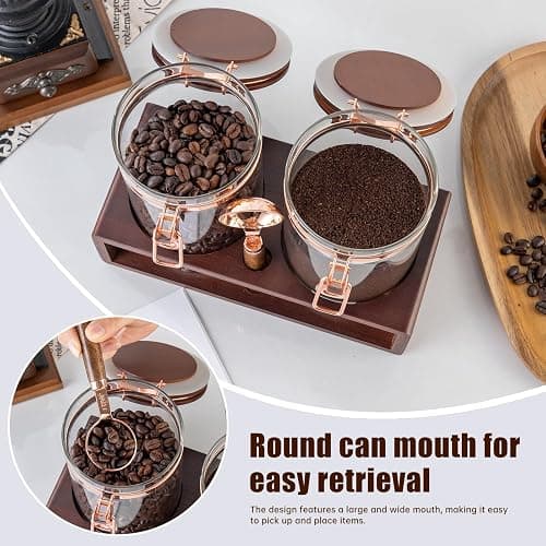 SIQOLNY Glass Coffee Container with Wooden Shelf, 2 x 40 FLOZ Coffee Bean Storage with Sealed Closure Clips and Copper Spoon, Kitchen Large Capacity Food Storage Jar, Ground Coffee Container thumbnail 5
