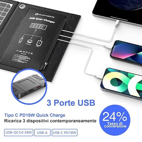 30W PD18W Caricatore Solare Portatile 3 Porte USB Pannello Fotovoltaico Pieghevole ETFE Impermeabile con Tipo C QC3.0 per Cellulare Tablet Powerbank Campeggio Emergenze All'aperto thumbnail 2