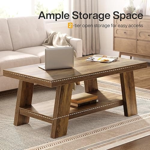 Tribesigns Farmhouse Coffee Tables for Living Room, 47.24" Rectangle Coffee Tables with Storage Shelves, Rustic Wooden Center Table for Apartment, Home Office (Rustic Brown) thumbnail 3