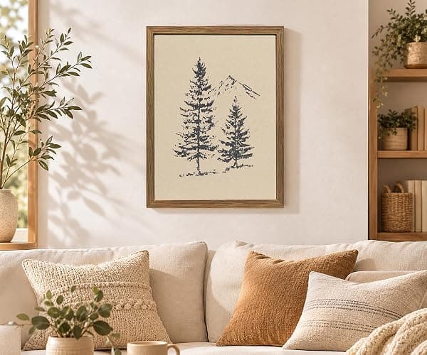 Framed Forest Pine Tree Wall Art Print Canvas, Rocky Mountain Landscape Drawing Poster, Minimalist Spruce Tree Painting Picture, Rustic Nature Wall Decor for Living Room Bedroom Cabin Office12x16In thumbnail 2