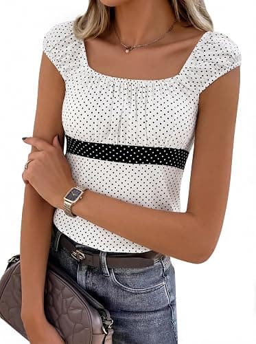Women's Babydoll Tops Y2k Fairy Baby Doll Tops, Cap Sleeve Polka Dot Top with Adjustable Waist Tie, Flowy Going Out Tops thumbnail 2