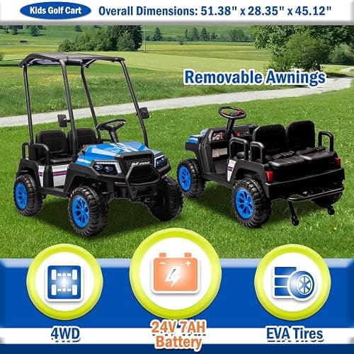 NEWQIDA 24V Golf Cart for Kids Battery Powered 4 Seater Ride on Toys Big Kids Electric Car with Parent Remote Control, Plastic Roof, EVA Tires Wheels, Music Play, 220 Lbs Max Load, Up to 5MPH, Blue thumbnail 5