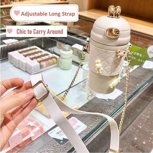 TULDYS Kawaii Water Bottle, 20 oz 580ml Rabbit Water Glass with Pearl Chain Strap, 3D Stickers Cute Aesthetic Bottle for girls for outdoor (Pink) thumbnail 5